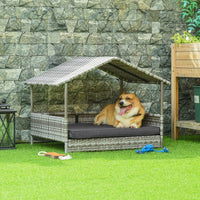 HKM-0721597 Rattan Outdoor Dog House with Canopy for Small and Medium Dogs, Waterproof Cushion, Cream Color