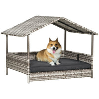HKM-0721597 Rattan Outdoor Dog House with Canopy for Small and Medium Dogs, Waterproof Cushion, Cream Color