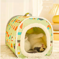 HKM-0725949 Cozy Closed Cat Nest - Removable, Washable, Anti-Collapse Design in Cream Yellow & Mint Green