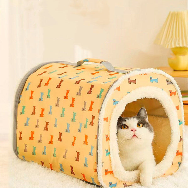 HKM-0725949 Cozy Closed Cat Nest - Removable, Washable, Anti-Collapse Design in Cream Yellow & Mint Green