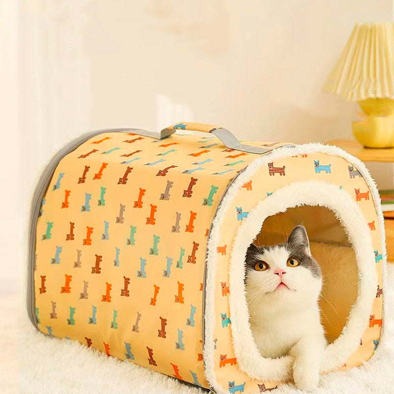 HKM-0725949 Cozy Closed Cat Nest - Removable, Washable, Anti-Collapse Design in Cream Yellow & Mint Green