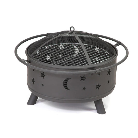 HKM-072595 Elegant Outdoor BBQ Grill and Fire Pit in Black Metal with Powder Coating - Versatile Charcoal and Gas Options