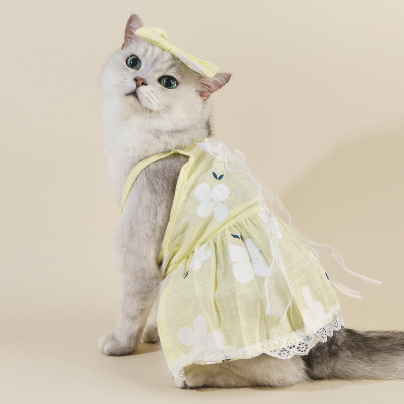 HKM-0730045 Floral Cotton Slip Dress with Mesh Skirt for Pets - Suitable for Cats and Dogs