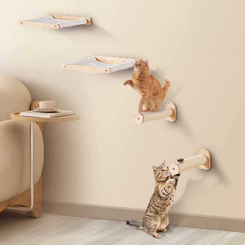HKM-0734909 Wall-Mounted Cat Furniture Set with Jump Posts, Hammocks, and Removable Coral Fleece for Climbing and Playing