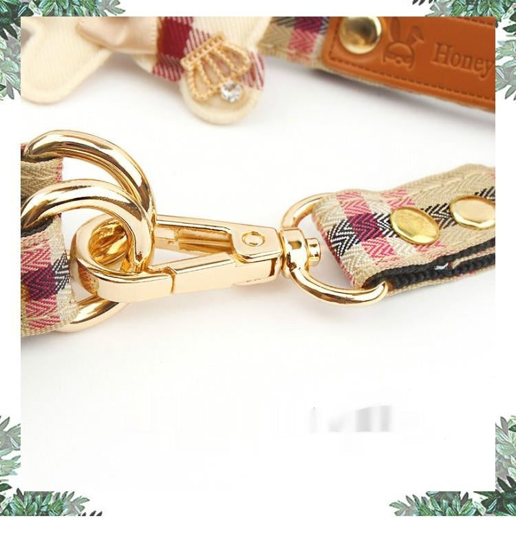 HKM-0736701 Classic Plaid Pet Dog Harness and Bow Collar Set with Retractable Leash - Sizes S, M, L