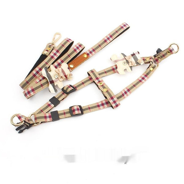 HKM-0736701 Classic Plaid Pet Dog Harness and Bow Collar Set with Retractable Leash - Sizes S, M, L