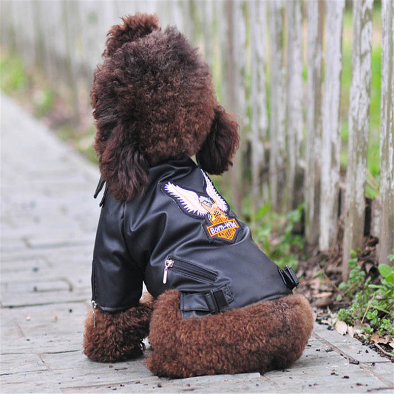 HKM-0737085 Embroidered Eagle Design Small Dog Jacket in Chocolate Black Faux Leather