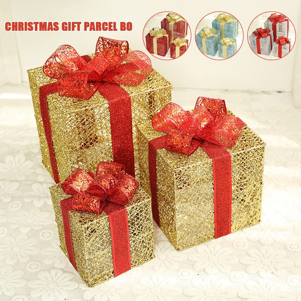 HKM-074003 Three-Piece Set of Christmas Wrought Iron Gift Box Decorations with Battery-Operated LED Lights