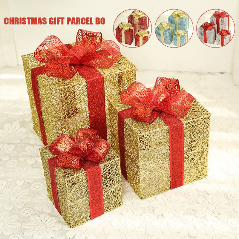 HKM-074003 Three-Piece Set of Christmas Wrought Iron Gift Box Decorations with Battery-Operated LED Lights