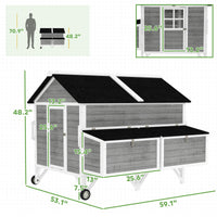 HKM-0741053 Gray 59" Wooden Chicken Coop with Wheels, Handles, 2 Nesting Boxes, 4 Perches for 5-8 Chickens