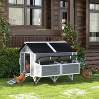 HKM-0741053 Gray 59" Wooden Chicken Coop with Wheels, Handles, 2 Nesting Boxes, 4 Perches for 5-8 Chickens