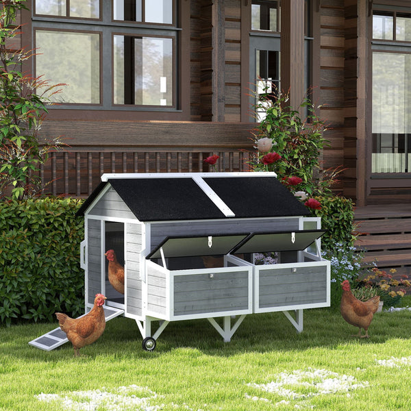 HKM-0741053 Gray 59" Wooden Chicken Coop with Wheels, Handles, 2 Nesting Boxes, 4 Perches for 5-8 Chickens