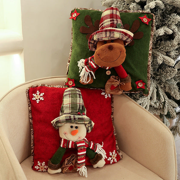 HKM-074195 Decorative Square Throw Pillowcase with Old Man, Snowman, and Elk Patterns, 41x41cm