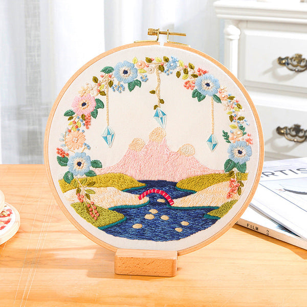 HKM-074387 DIY Pastoral Style Landscape Su Embroidery Fabric Bag Kit - Linen Material, Ideal for Home Decoration