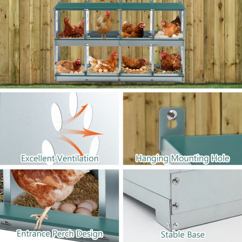 HKM-0744765 8 Compartment Wall-Mounted Chicken Nesting Box for Egg Laying, Metal Construction with Vented Holes