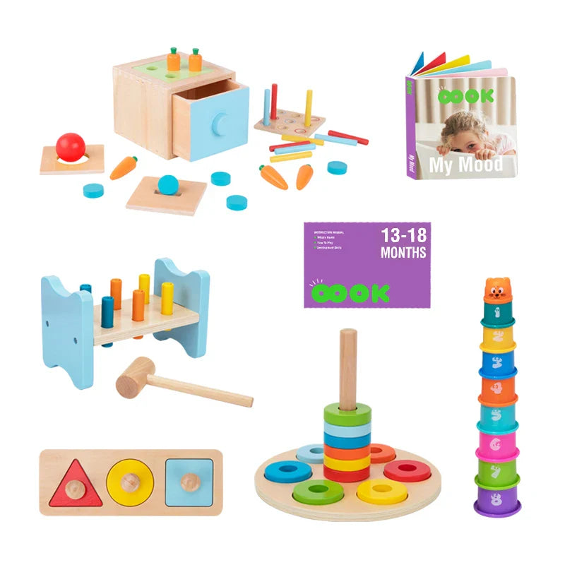 HKM-074515 Montessori Wooden Building Blocks and Hammer Pounding Toy Educational Play Set