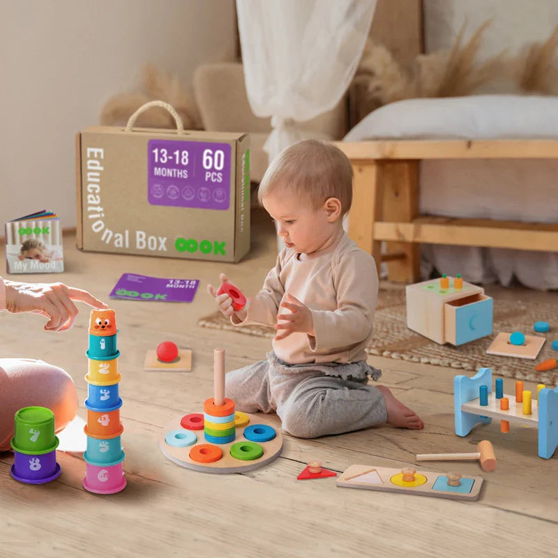HKM-074515 Montessori Wooden Building Blocks and Hammer Pounding Toy Educational Play Set