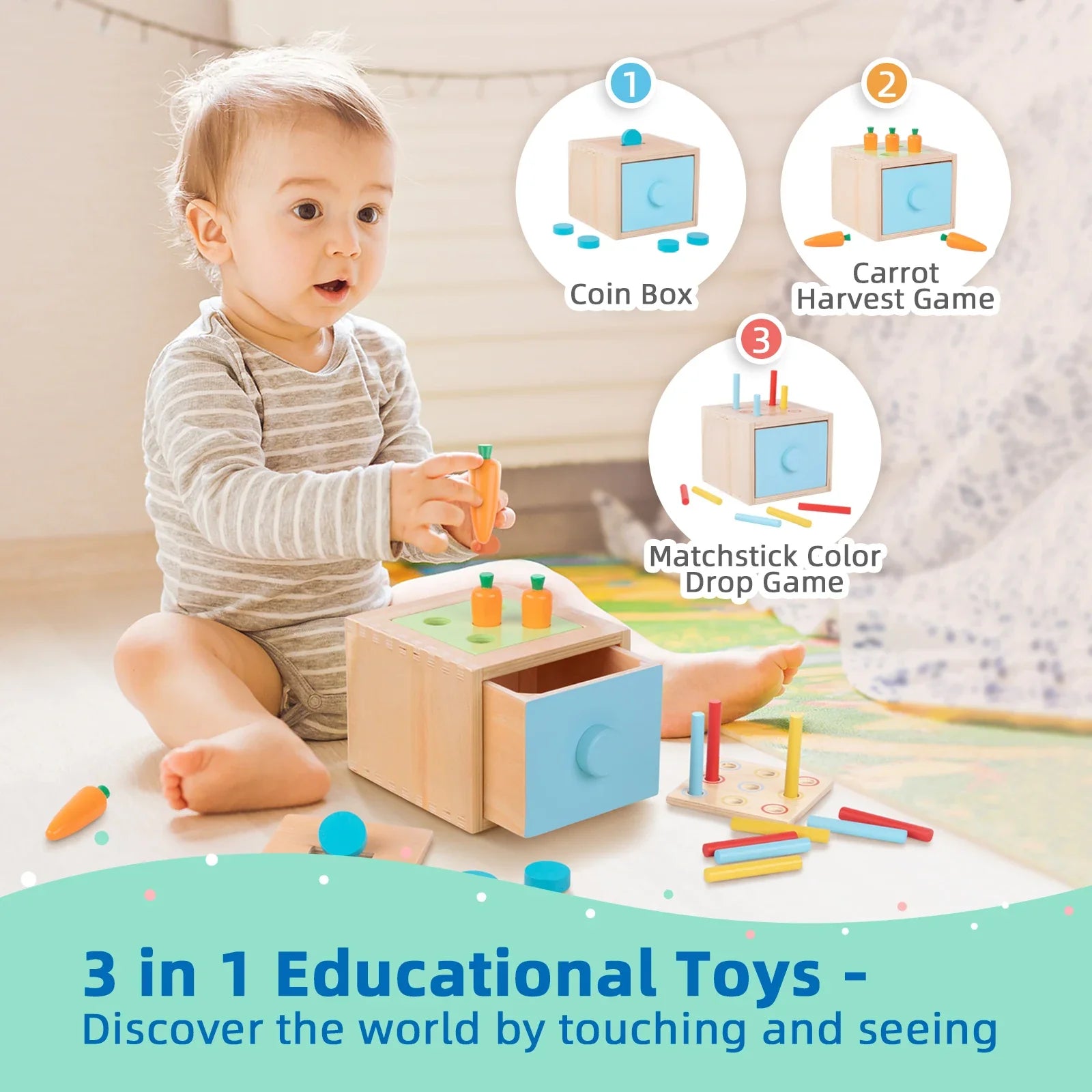 HKM-074515 Montessori Wooden Building Blocks and Hammer Pounding Toy Educational Play Set