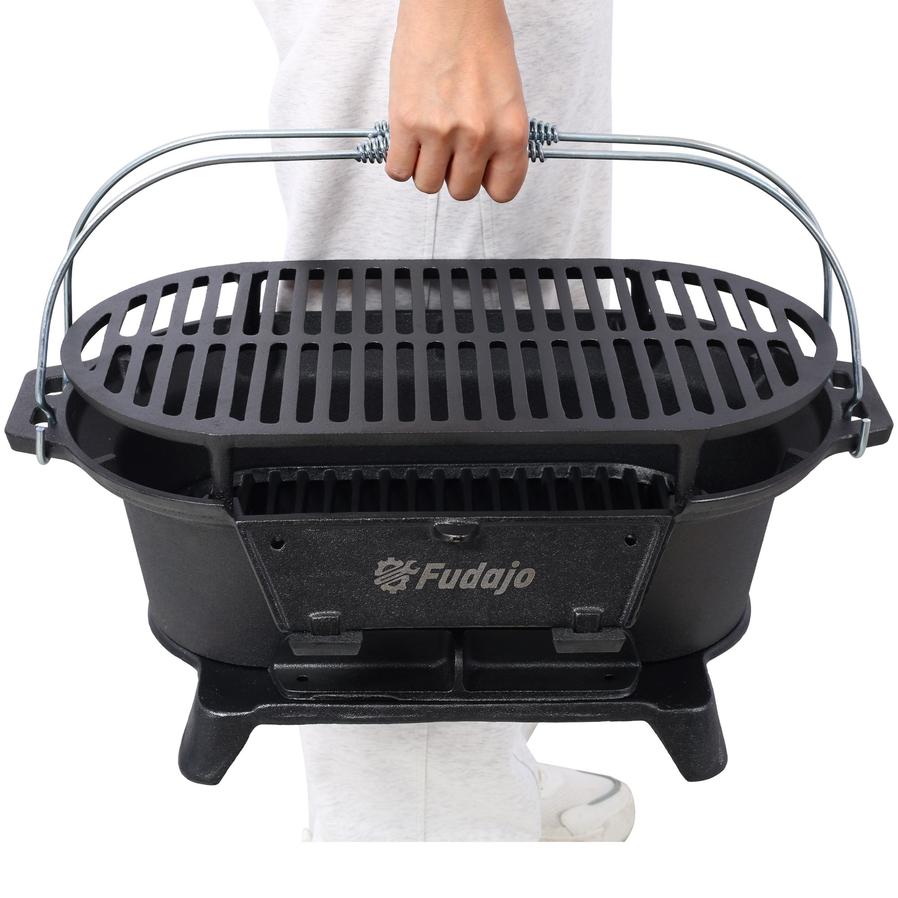HKM-074579 Portable Oval Cast Iron Charcoal Grill with Frying Pan Insert for Outdoor Cooking