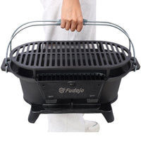 HKM-074579 Portable Oval Cast Iron Charcoal Grill with Frying Pan Insert for Outdoor Cooking