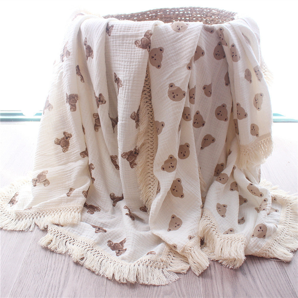 HKM-074707 Cotton Bear Tassel Stroller Blanket for All Seasons - Soft and Cozy Cover