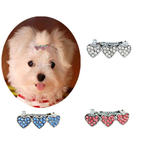 HKM-0747965 Cute Rhinestone Alloy Heart Barrette for Dogs in White, Pink, and Blue - 3CM Ornament