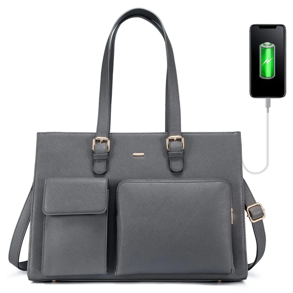 HKM-075091 Waterproof Leather Laptop Tote Bag for Women, Fits 15.6in Devices, Stylish Work Briefcase