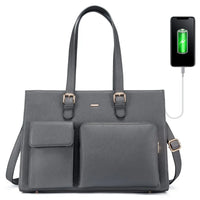 HKM-075091 Waterproof Leather Laptop Tote Bag for Women, Fits 15.6in Devices, Stylish Work Briefcase