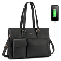 HKM-075091 Waterproof Leather Laptop Tote Bag for Women, Fits 15.6in Devices, Stylish Work Briefcase