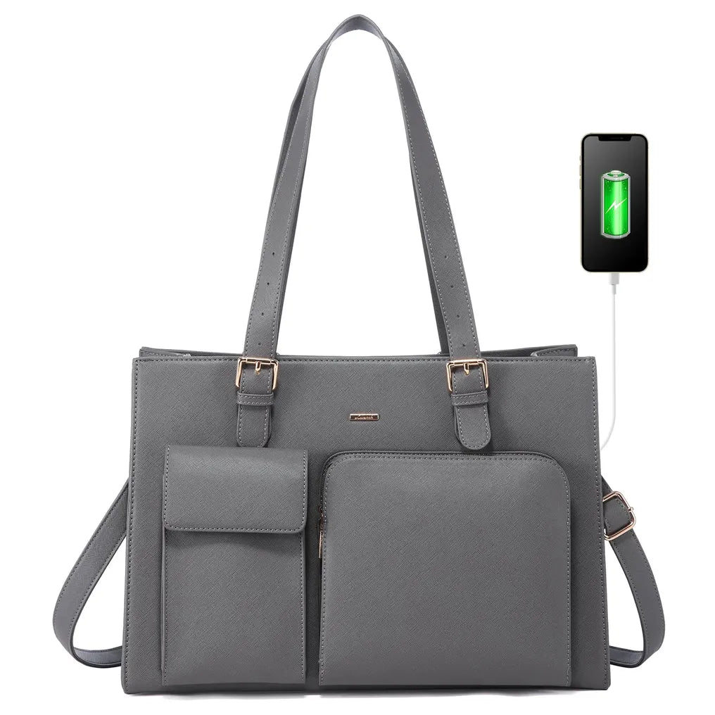 HKM-075091 Waterproof Leather Laptop Tote Bag for Women, Fits 15.6in Devices, Stylish Work Briefcase