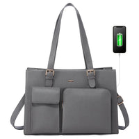HKM-075091 Waterproof Leather Laptop Tote Bag for Women, Fits 15.6in Devices, Stylish Work Briefcase