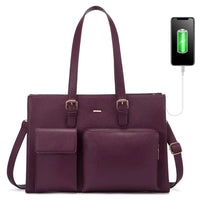 HKM-075091 Waterproof Leather Laptop Tote Bag for Women, Fits 15.6in Devices, Stylish Work Briefcase