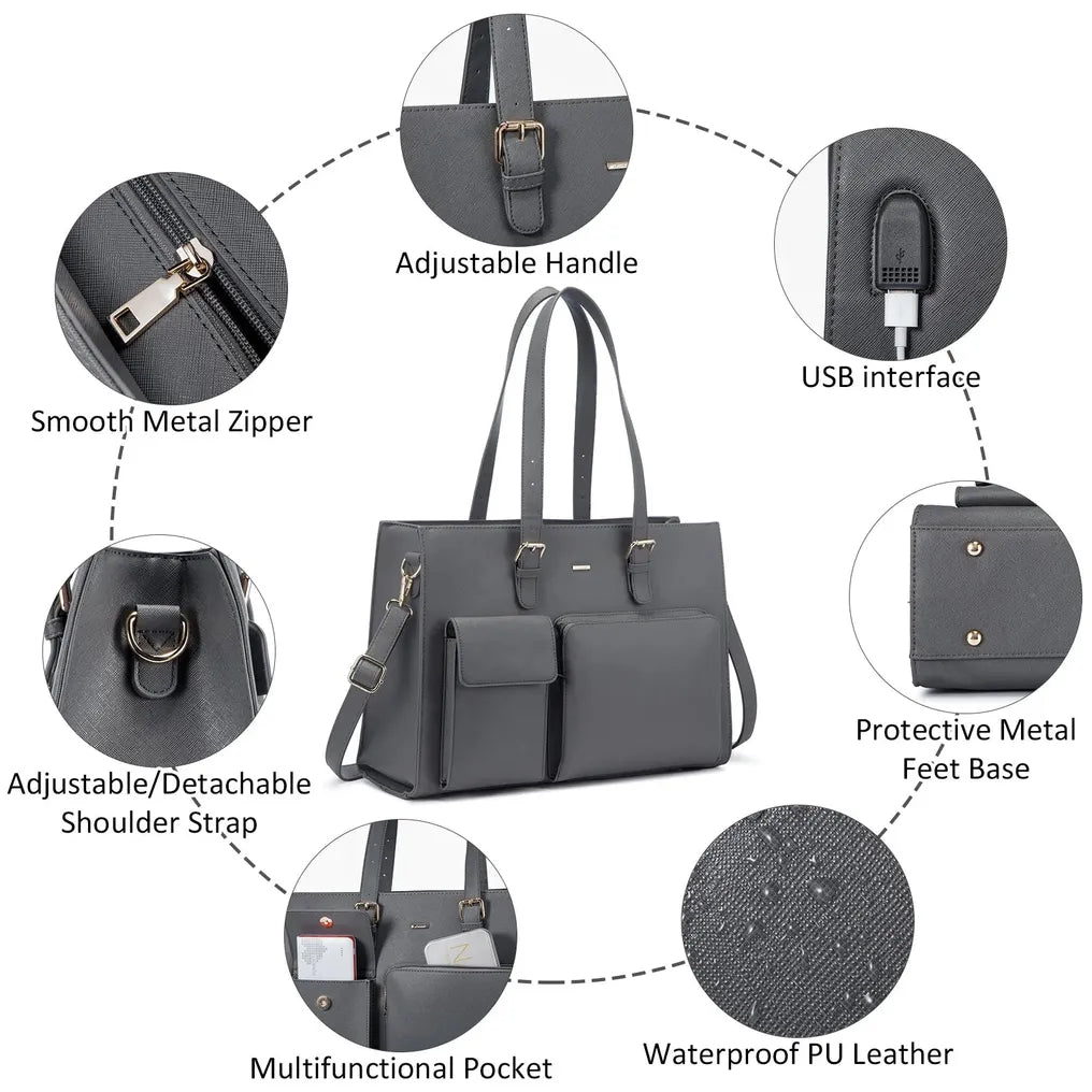 HKM-075091 Waterproof Leather Laptop Tote Bag for Women, Fits 15.6in Devices, Stylish Work Briefcase