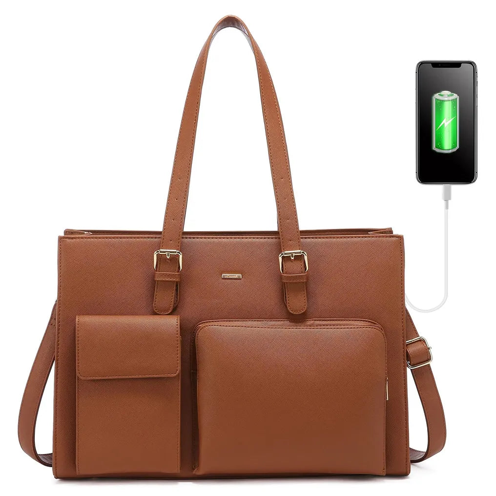 HKM-075091 Waterproof Leather Laptop Tote Bag for Women, Fits 15.6in Devices, Stylish Work Briefcase