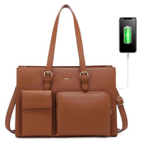 HKM-075091 Waterproof Leather Laptop Tote Bag for Women, Fits 15.6in Devices, Stylish Work Briefcase