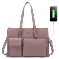 HKM-075091 Waterproof Leather Laptop Tote Bag for Women, Fits 15.6in Devices, Stylish Work Briefcase