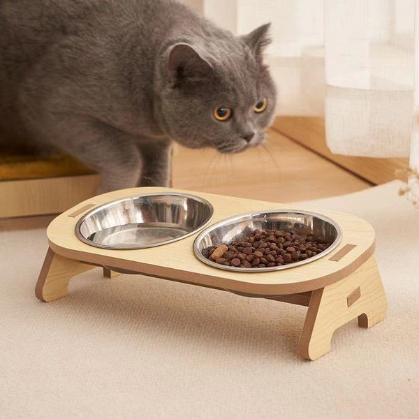 HKM-0754877 Wooden Cat and Small Dog Food Bowl - Ceramic and Stainless Steel Options Available