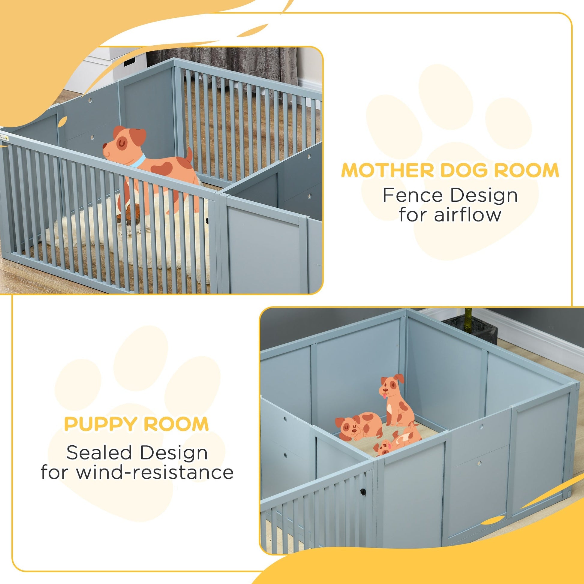 HKM-0760125 Comfortable Two-Room Whelping Box for Dogs with Removable Door and Puppy Playpen, 81" x 39" x 20", Gray