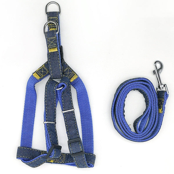 HKM-0763709 Adjustable Rope Harness for Dogs - Durable Denim and Nylon with Leash Included - Multiple Sizes Available