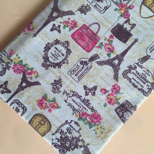 HKM-076371 Cotton Linen Calico Fabric with Chinese Calligraphy - Versatile for Luggage, Curtains, and Home Decor
