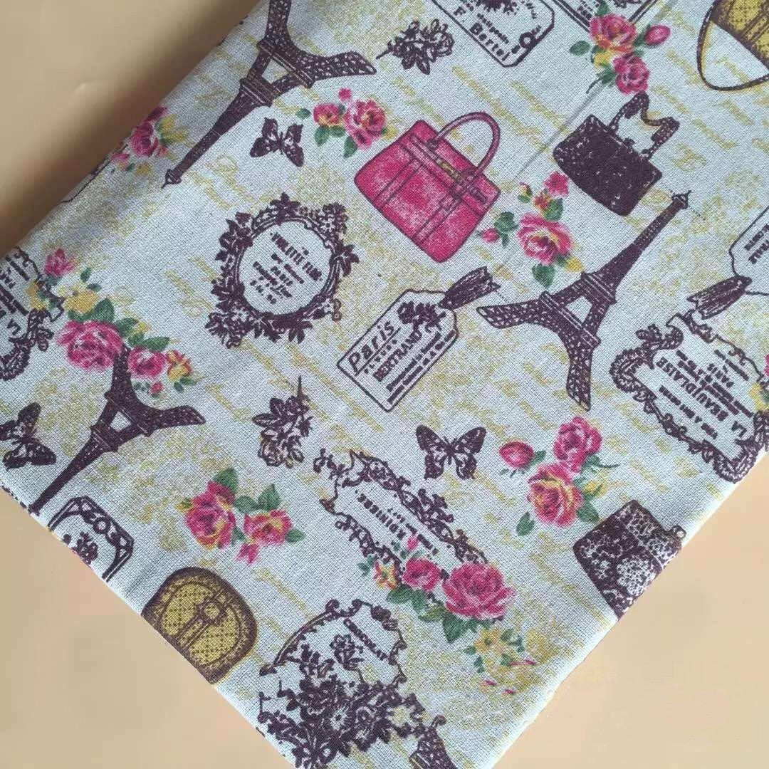 HKM-076371 Cotton Linen Calico Fabric with Chinese Calligraphy - Versatile for Luggage, Curtains, and Home Decor