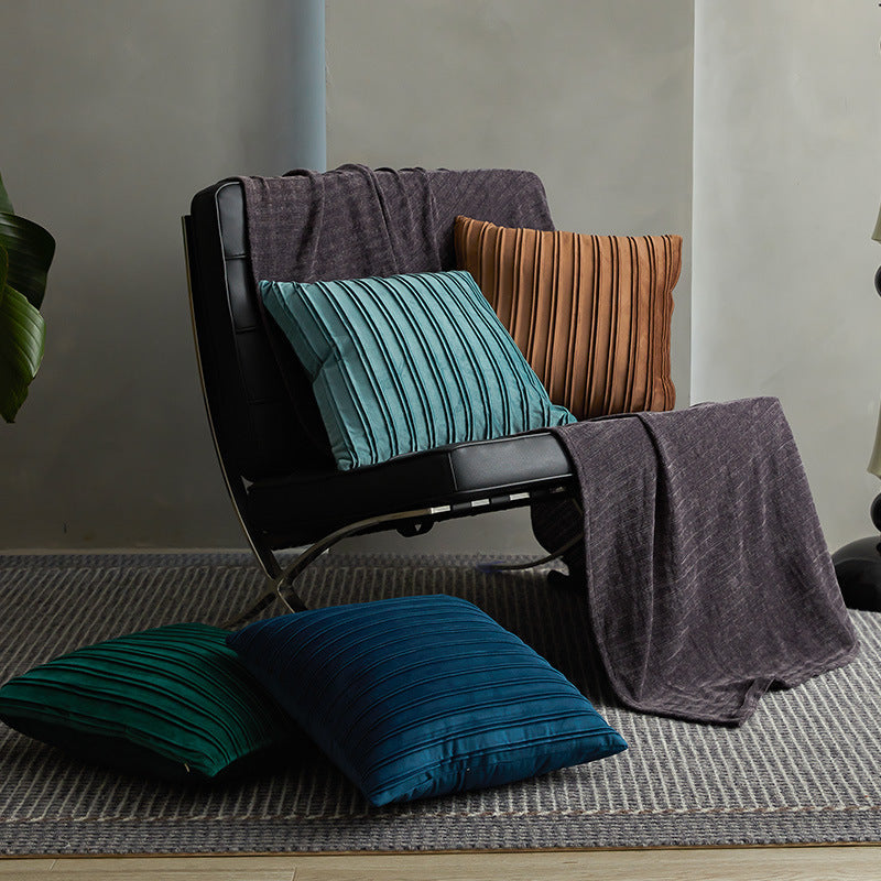 HKM-076499 Velvet Striped Pleated Cushion in Emerald Green, Lake Green, Sugar Brown, Midnight Blue, 45x45 and 50x50 Sizes
