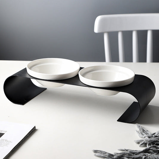 HKM-076563 Double Bowl Pet Feeder Set with Iron Frame and Ceramic Bowls