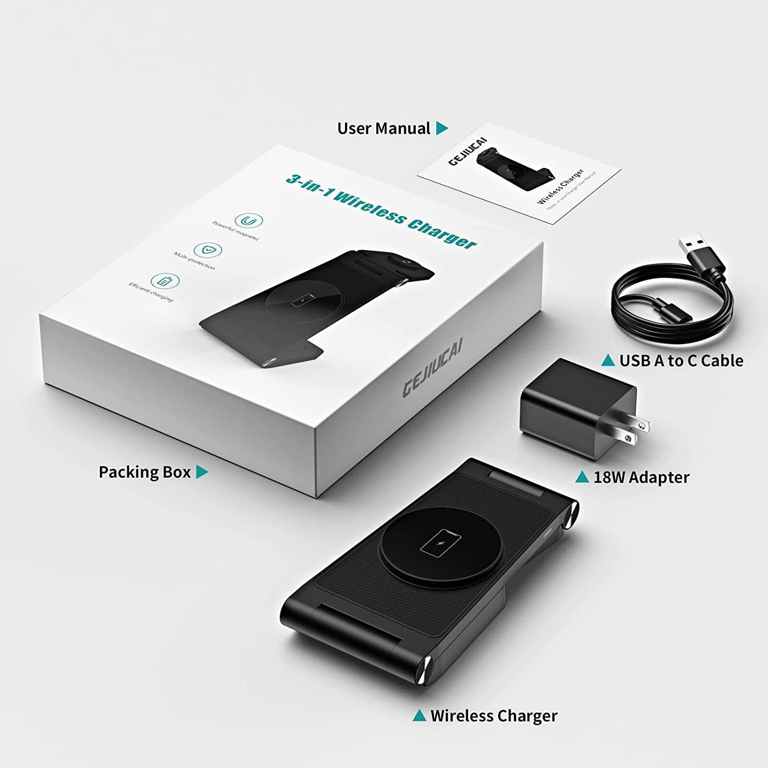 HKM-076563 Vertical Folding Magnetic 3-in-1 Wireless Charger with Charging Cable and Head - Black or White