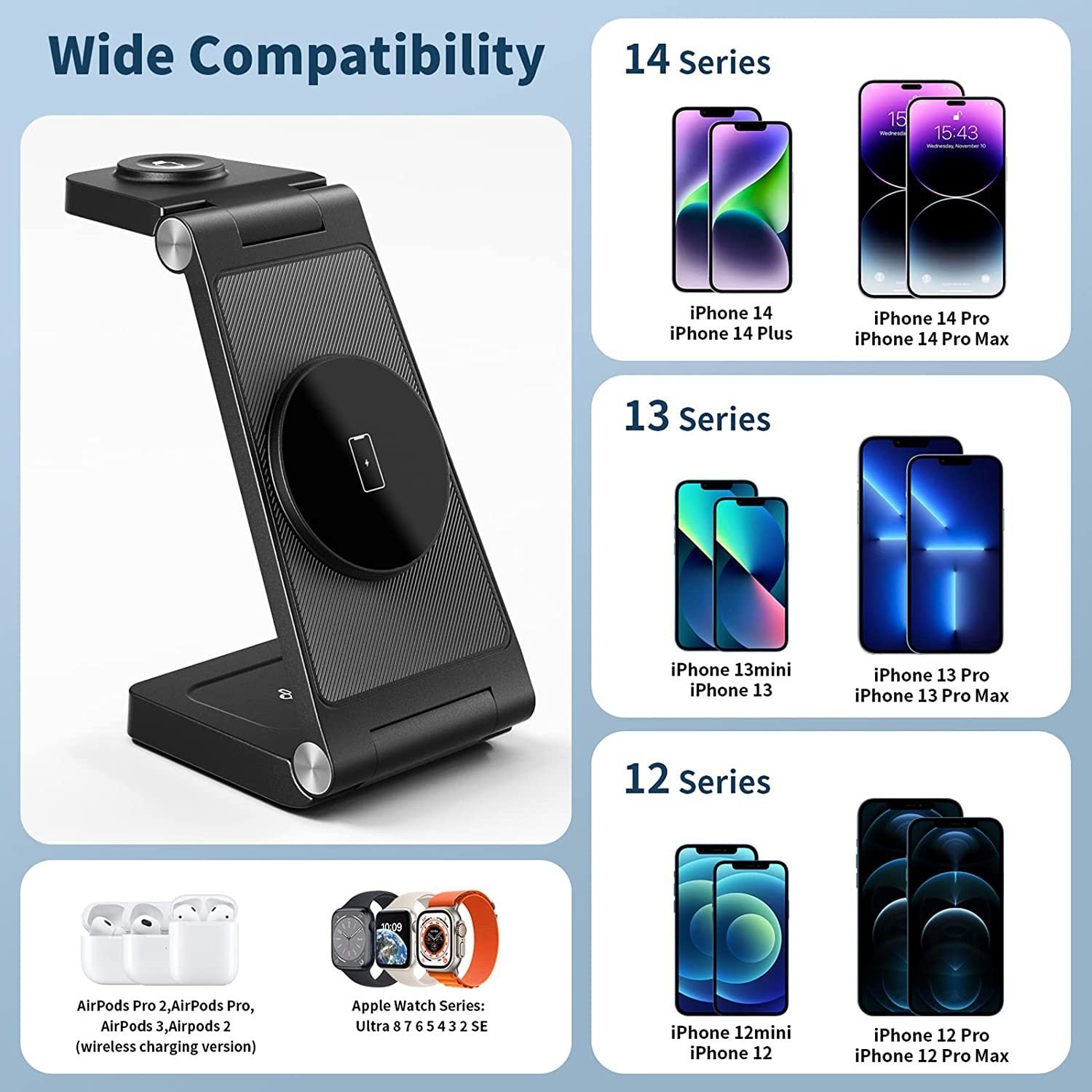 HKM-076563 Vertical Folding Magnetic 3-in-1 Wireless Charger with Charging Cable and Head - Black or White