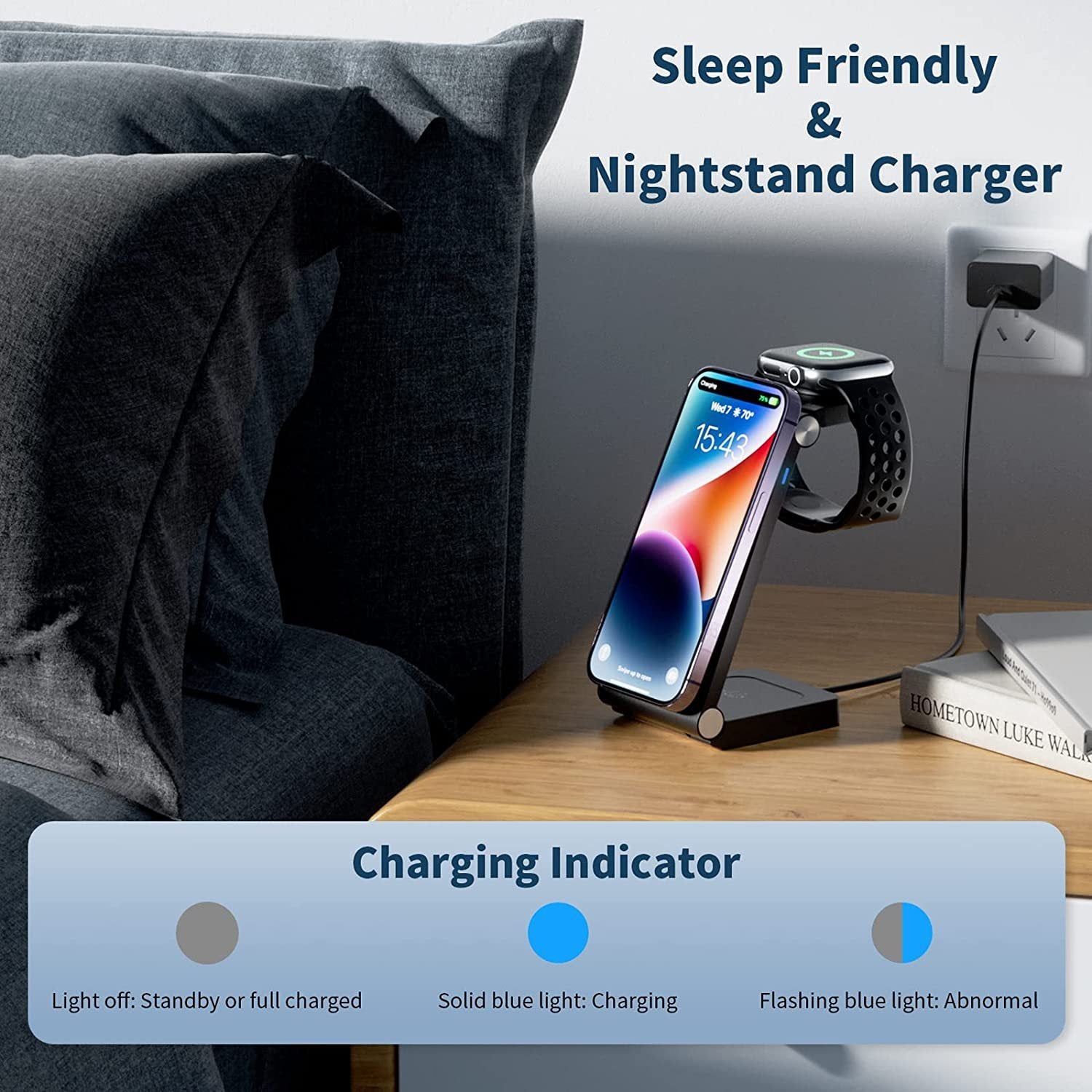 HKM-076563 Vertical Folding Magnetic 3-in-1 Wireless Charger with Charging Cable and Head - Black or White