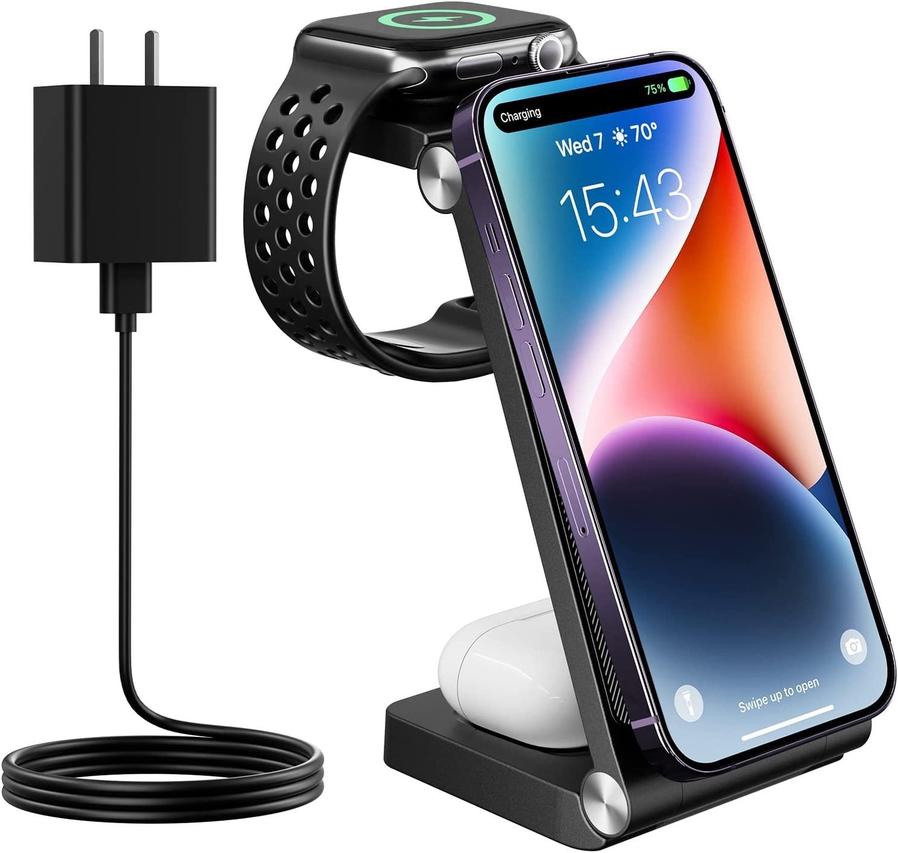HKM-076563 Vertical Folding Magnetic 3-in-1 Wireless Charger with Charging Cable and Head - Black or White