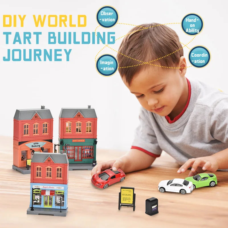 HKM-076947 1:64 Scale Diecast Alloy Car and Building Block Set for Urban Architecture Models