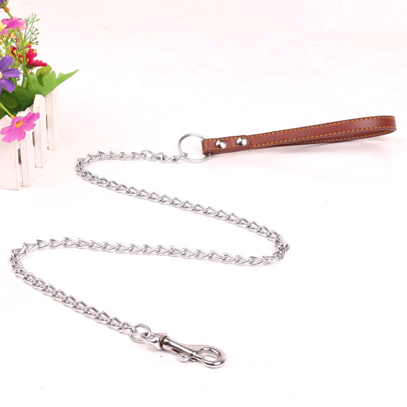 HKM-0771645 Iron Chain Dog Traction with PU Handle - Available in Black, Brown, Red