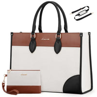 HKM-077395 Waterproof 15.6 in Canvas PU Leather Work Bag Set for Laptop and Office Use - Stylish Tote and Shoulder Handbag for Women